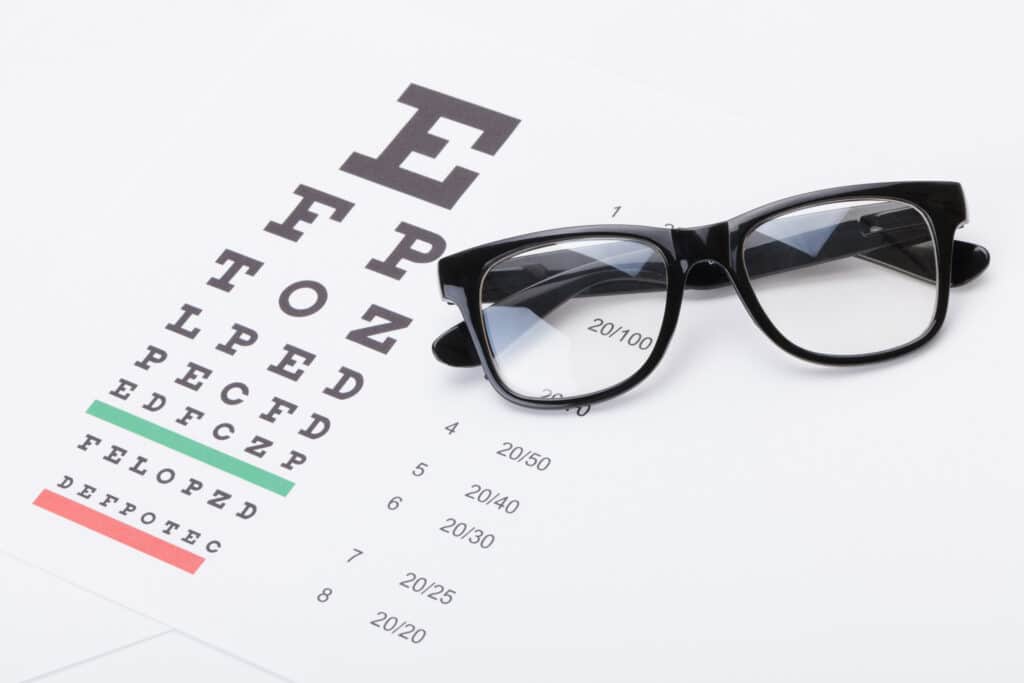 Table for eyesight test with glasses over it - studio shot