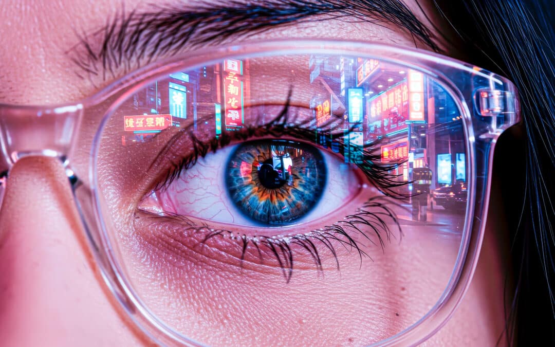 Cyber-look: bright signs in lenses, close-up of the eye