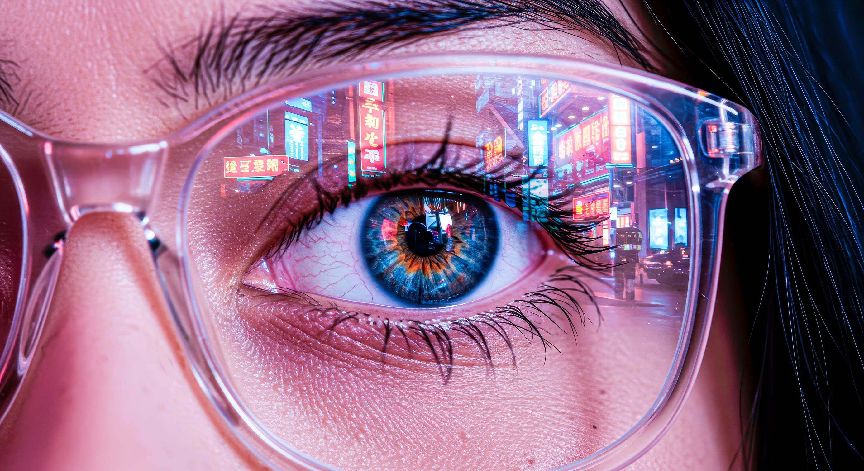 Cyber-look: bright signs in lenses, close-up of the eye